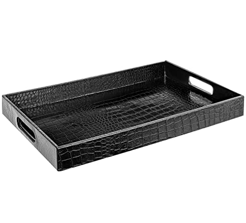 White Marble Faux Leather Decorative Tray with Handles D972626
