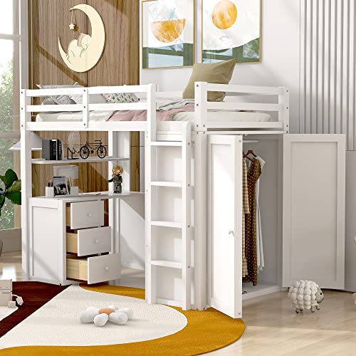 Harper & Bright Designs Full Loft Bed with Desk, Wardrobe, Solid Wood N868457
