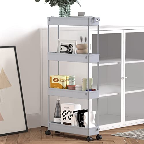 SPACELEAD Slim Storage Cart 4 Tier, Rolling Utility Cart for Bathroom & Kitchen, White Q18019