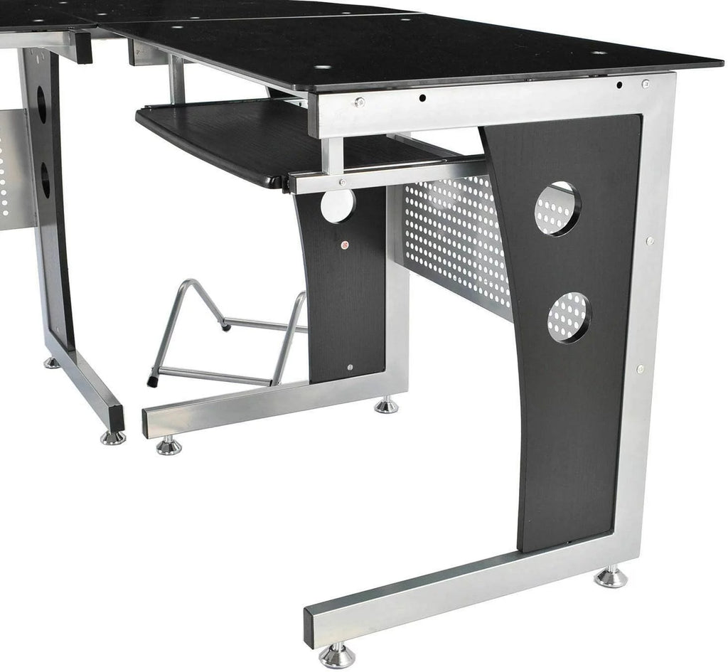 Black L-Shape Corner Tempered Glass Computer Desk with Keyboard Tray W76860