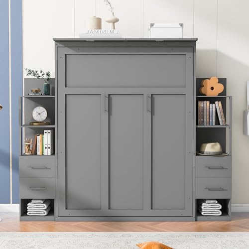 Queen Size Murphy Bed Wall Bed with Shelves, Gray R99857