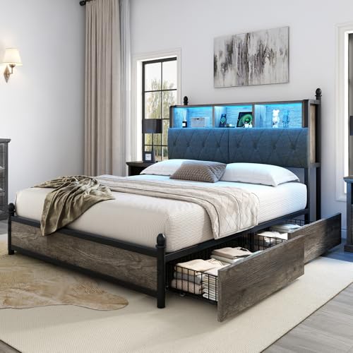AMERLIFE Full Size Bed Frame with Bookcase Headboard, Charging Station, Rustic Brown H544