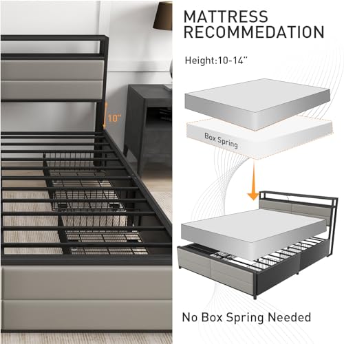 Bonzy Home Full Size Bed Frame with Storage Drawers and USB Port, Grey S969
