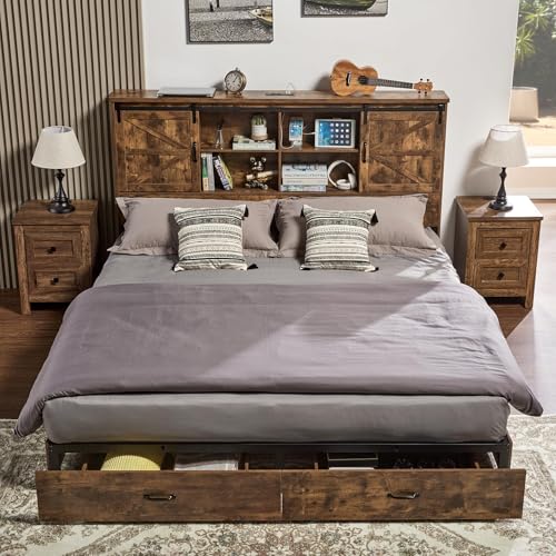 VanAcc Full Size Wooden Platform Bed with Bookcase Headboard and 2 Drawers O6158