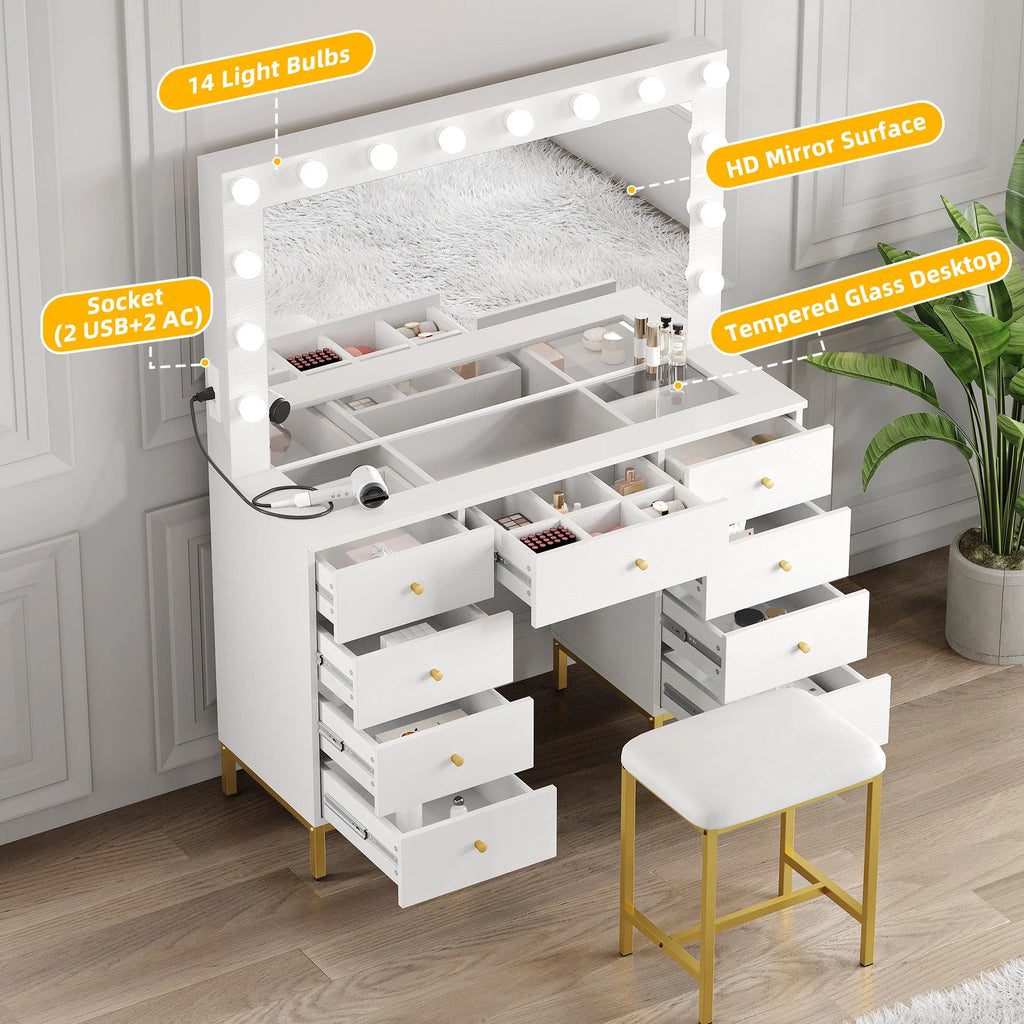 DWVO Vanity Table Set with Lighted Mirror, Charging Station & Stool D23790