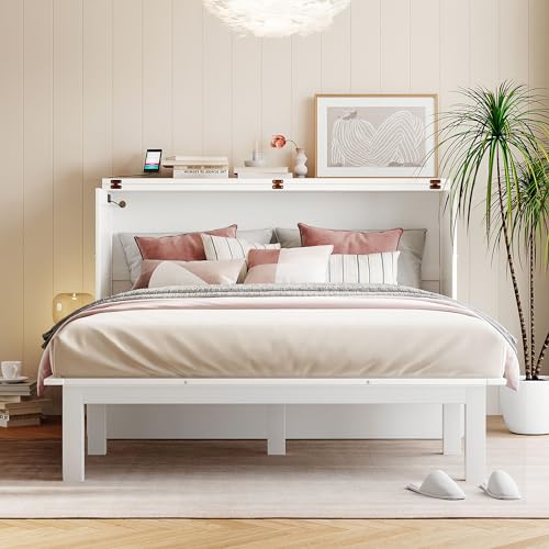 Queen Size Solid Pine Murphy Bed Chest with Charging Station and Storage Drawer K498