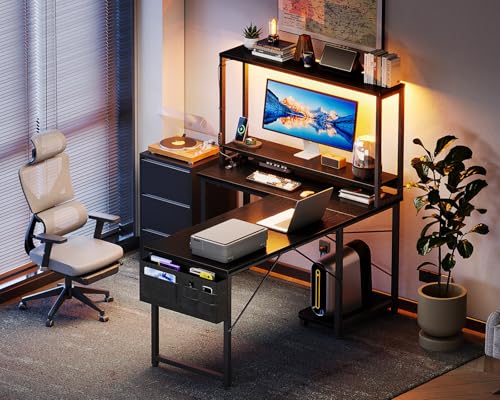 AODK L Shaped Gaming Desk with LED Light & Power Outlet, Grey Oak P41493