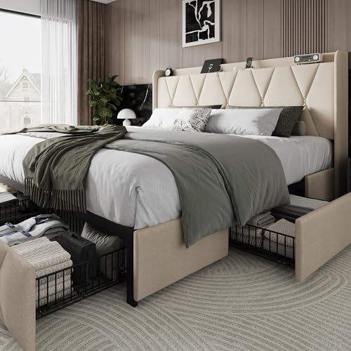 Queen Bed Frame with 4 Storage Drawers and Charging Station, Black S804993