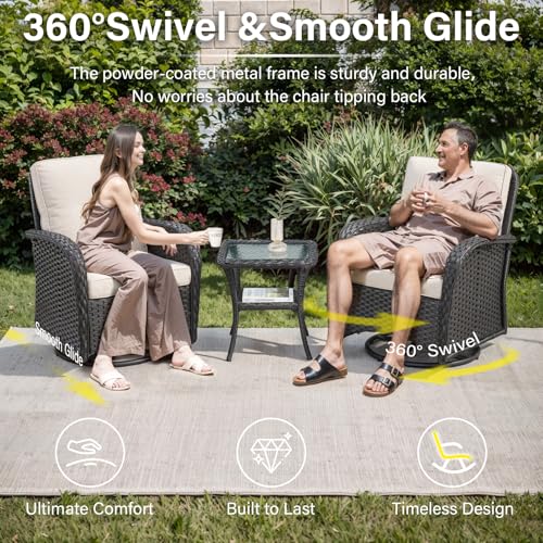Outdoor Wicker Swivel Rocker Chairs Set of 2 with Rattan Side Table, Brown/Blue B592