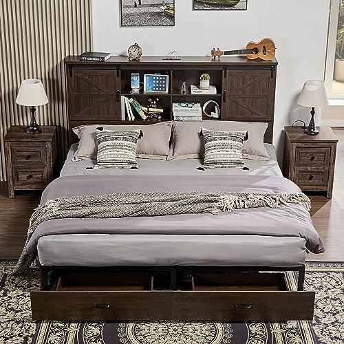 VanAcc Full Size Wooden Platform Bed with Bookcase Headboard and 2 Drawers O6158