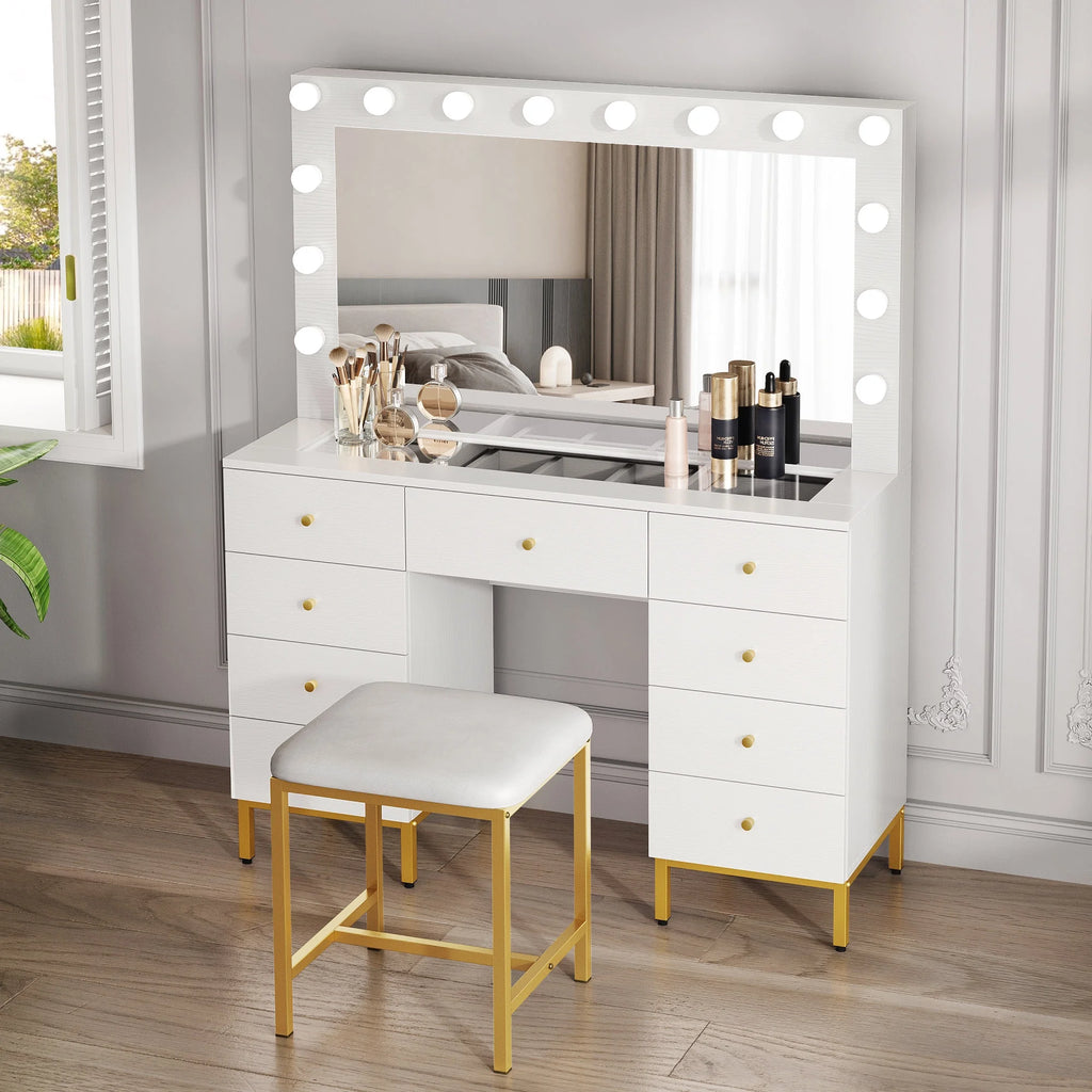 DWVO Vanity Table Set with Lighted Mirror, Charging Station & Stool D23790