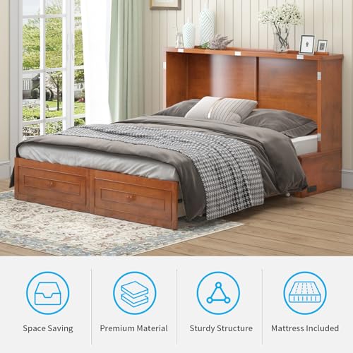 Mjkone Murphy Bed Cabinet Queen Size with USB Charging Station & Storage Drawers, White U176463