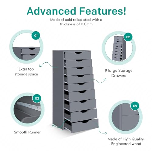 Naomi Home Bianca 9 Drawer Chest, Wood Dresser, Gray G431145