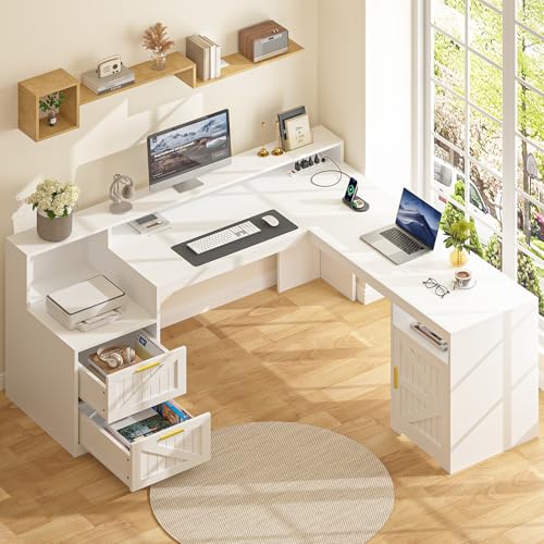 63" Farmhouse L Shaped Desk with Drawers, Power Outlets & Storage Shelf Q538