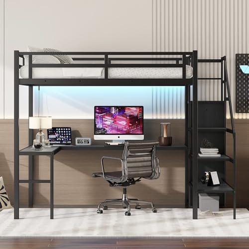 Wood Full Size Gaming Loft Bed with Desk, LED and Charging Station O637