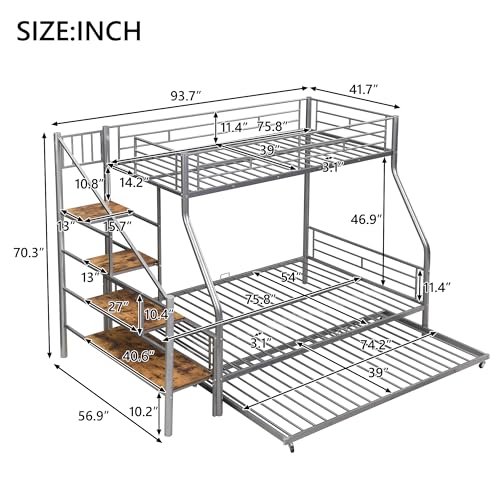 Twin Over Full Metal Bunk Bed with Trundle and Stairs Y9724