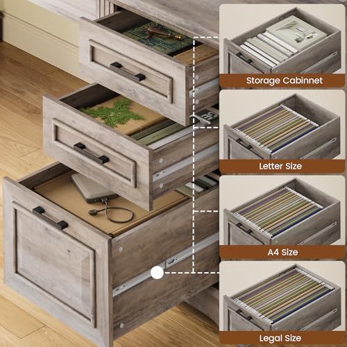 Itaar Farmhouse Executive L Shaped Desk with File Drawer and Power Outlet, White X918168