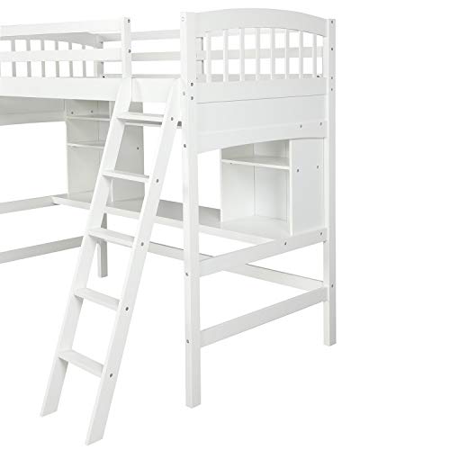 Harper & Bright Designs Full Size Loft Bed with Wardrobe and Desk, Solid Wood, White R4710