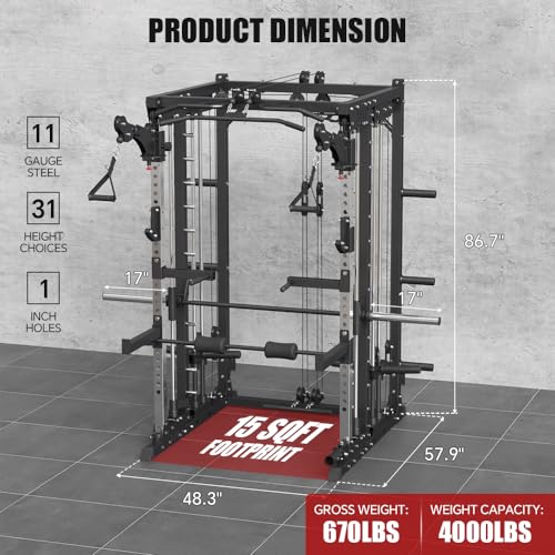 Commercial Smith Machine with Smith Bar, Power Cage Squat Rack with Lever Arm, Leg Press, LAT Pull Down System U34080