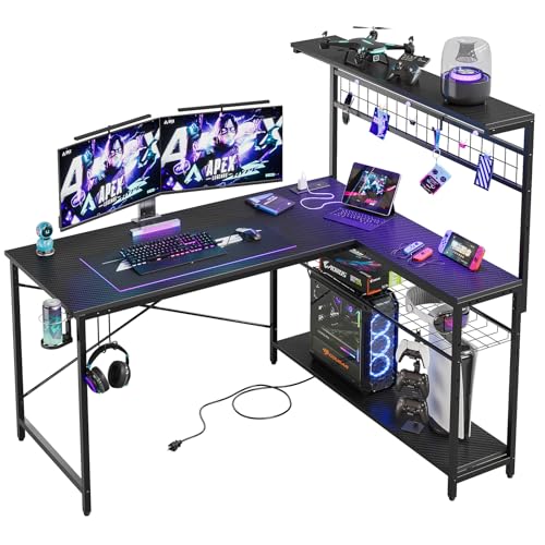 Bestier 42 L Gaming Desk with Power Outlets, LED Lights and Shelves D8630