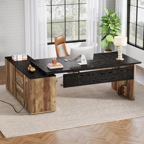 Tribesigns 74.8" L Shaped Executive Desk with Shelves, Black and Brown R6407