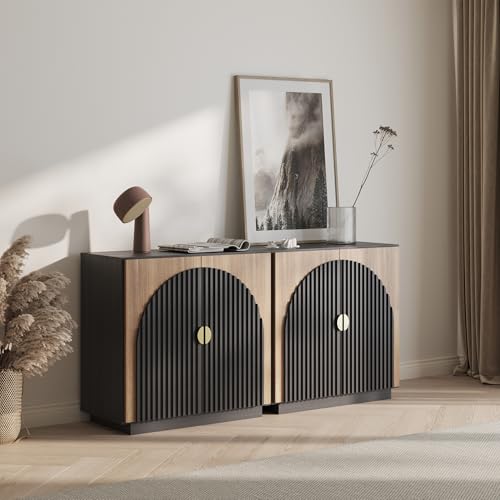 BELLEZE 65 Inch Fluted Buffet Cabinet with Storage, Caramel Brown U96619