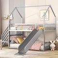 Twin Over Twin Bunk Bed with Slide, Metal Bunk Bed with Storage Staircase and House Roof, Twin Size Low Bunk Bed Frame for Kids Teens Boys Girls, Space Saving, No Box Spring Needed, Sliver