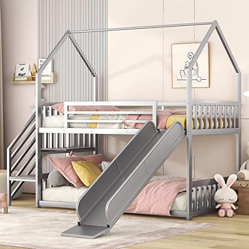Twin Over Twin Bunk Bed with Slide, Metal Bunk Bed with Storage Staircase and House Roof, Twin Size Low Bunk Bed Frame for Kids Teens Boys Girls, Space Saving, No Box Spring Needed, Sliver