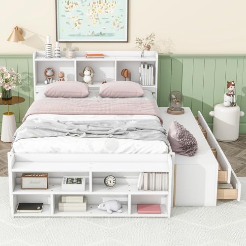 SOFTSEA Full Size Platform Bed with Storage Drawers and Bookcase Headboard, White V613109