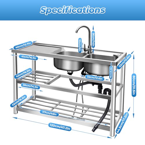2 Compartment Stainless Steel Commercial Kitchen Utility Sink with Prep Counter V293960