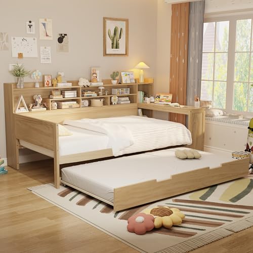 Bellemave Twin Corner Bed Frame with Storage Shelves and Desk, Gray L74206