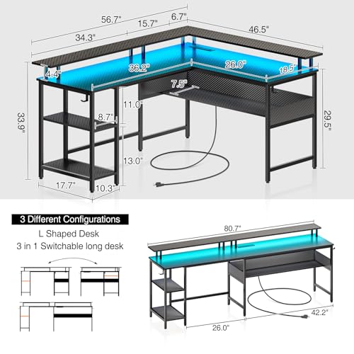 Rolanstar Computer Desk 56.7" with LED Lights and Power Outlets, Carbon Fiber Surface K1543