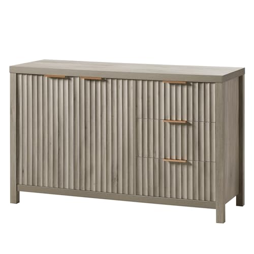 Fluted Sideboard Buffet Cabinet with Storage, 56" Large Buffet Modern Credenza with Adjustable Shelves, Farmhouse Media Console Storage Cabinets for Living Room Entryway, Natural