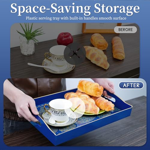 Gifturbo Blue Serving Tray with Handles, Rectangular Plastic Tray J15614