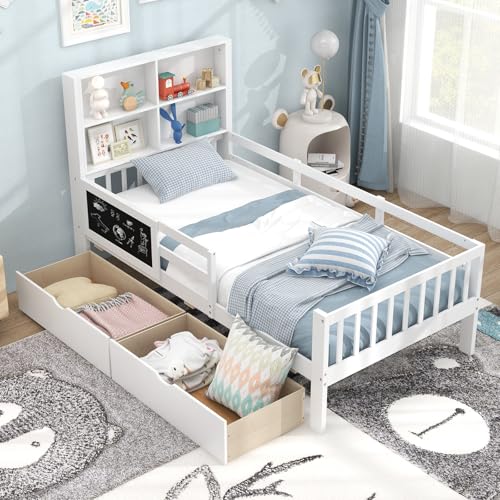 Giantex Full Bed with 2 Storage Drawers, Solid Wood Kids Bed Frame, White N580265