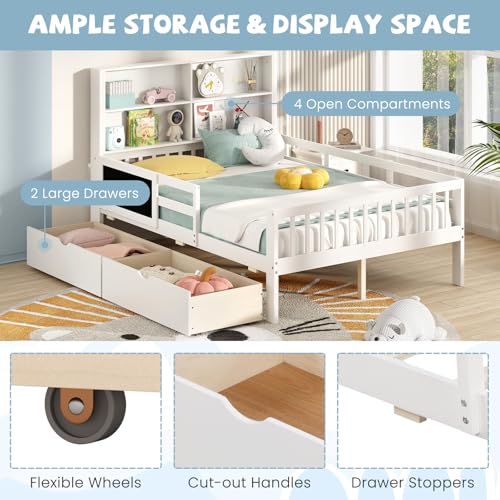 Giantex Full Bed with 2 Storage Drawers, Solid Wood Kids Bed Frame, White N580265