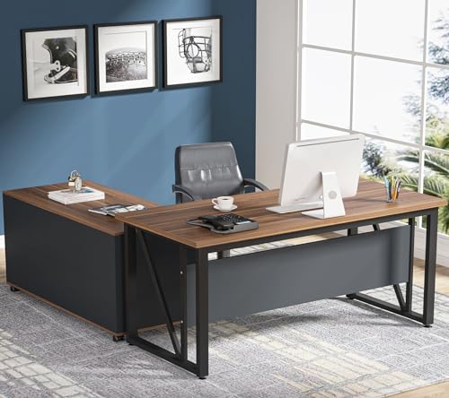 Tribesigns 63" Executive Desk with 47" Lateral File Cabinet, L-Shaped Computer Desk, Brown and Black N680173