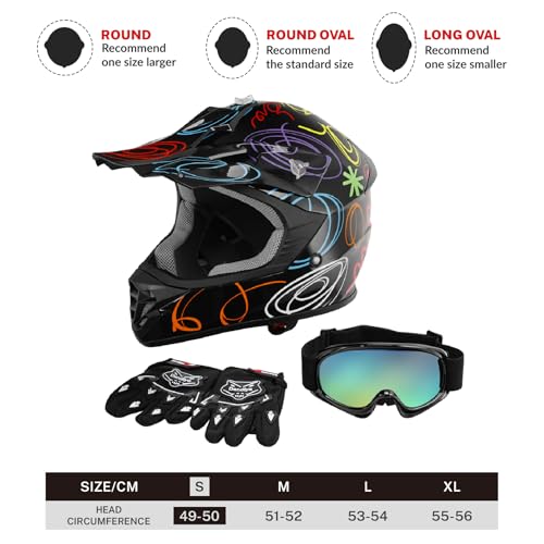 SLMOTO Dot Youth Kids Motocross Offroad Helmet with Goggles and Gloves Blue Skull D851858