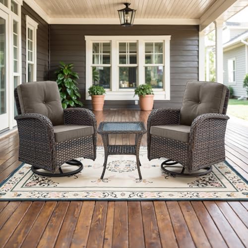 Outdoor Wicker Swivel Rocker Chairs Set of 2 with Rattan Side Table, Brown/Blue B592
