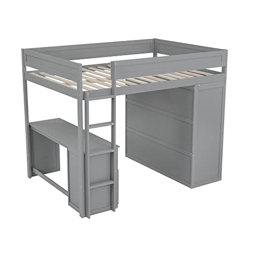 Full Size Loft Bed with Storage Wardrobe and Desk for Kids Teens Adults White K66587