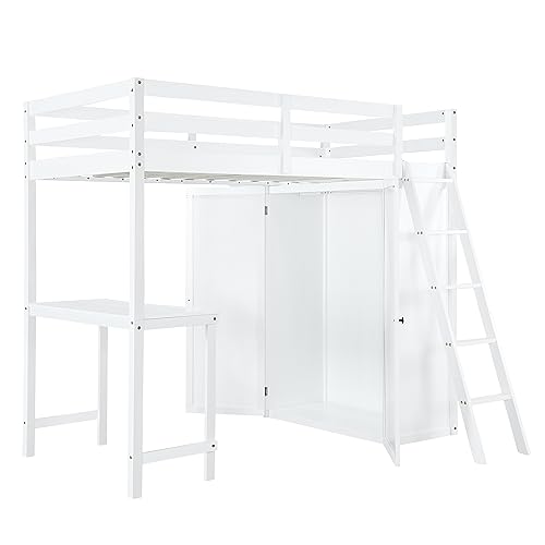 Harper & Bright Designs Full Size Loft Bed with Wardrobe and Desk, Solid Wood, White R4710