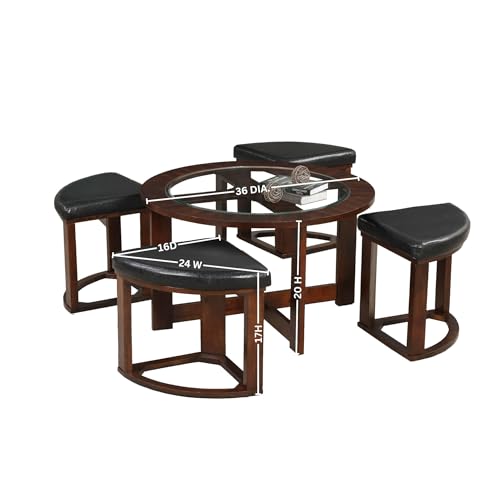 Roundhill Furniture Cylina Solid Wood Glass Top Round Coffee Table with 4 Stools F76357