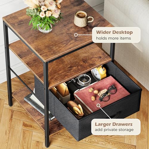 SUPERJARE Nightstand with Charging Station, Fabric Drawer, 3-Tier Storage, Walnut K366263