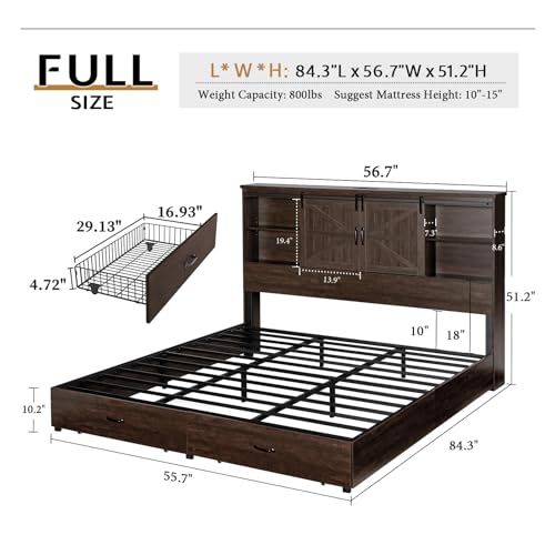 VanAcc Full Size Wooden Platform Bed with Bookcase Headboard and 2 Drawers O6158
