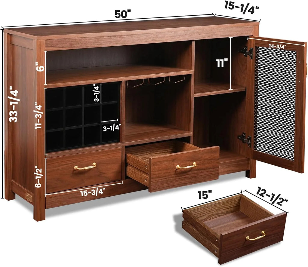 CONSDAN Bar Cabinet with Storage, Solid Walnut Hardwood Sideboard E4902