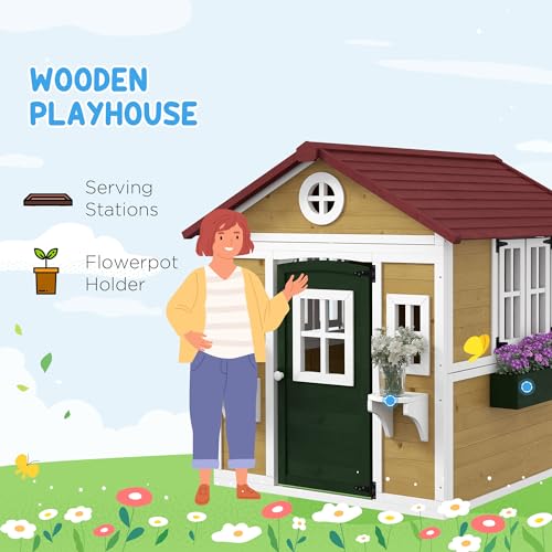 Outsunny Wooden Kids Playhouse with Doors and Windows for Toddlers 3-8 Years, Beige Q471