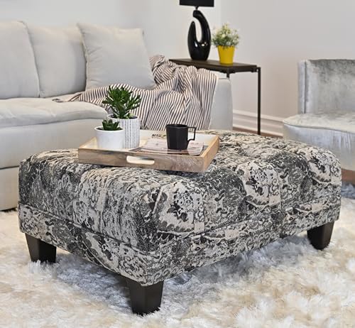 Roundhill Furniture Berliton Fabric Tufted Ottoman, Turkish Charcoal U758