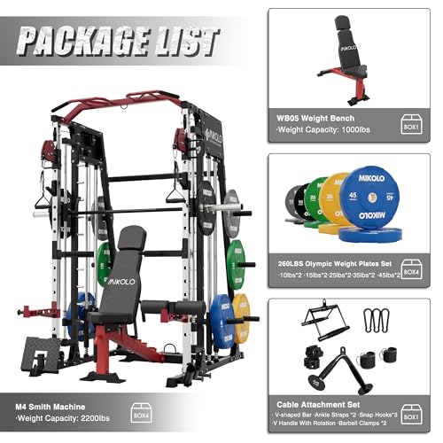 Mikolo Smith Machine 2200lbs Squat Rack with Lat Pulldown & Cable Crossover E219