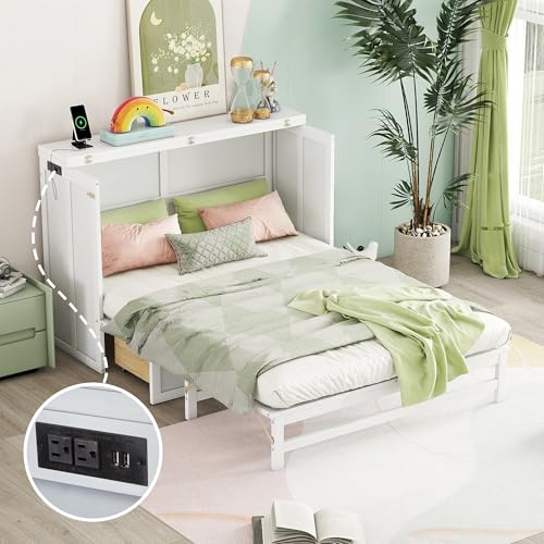 Queen Murphy Bed Cabinet with Storage Drawer and Charging Station, Solid Pine, White A401