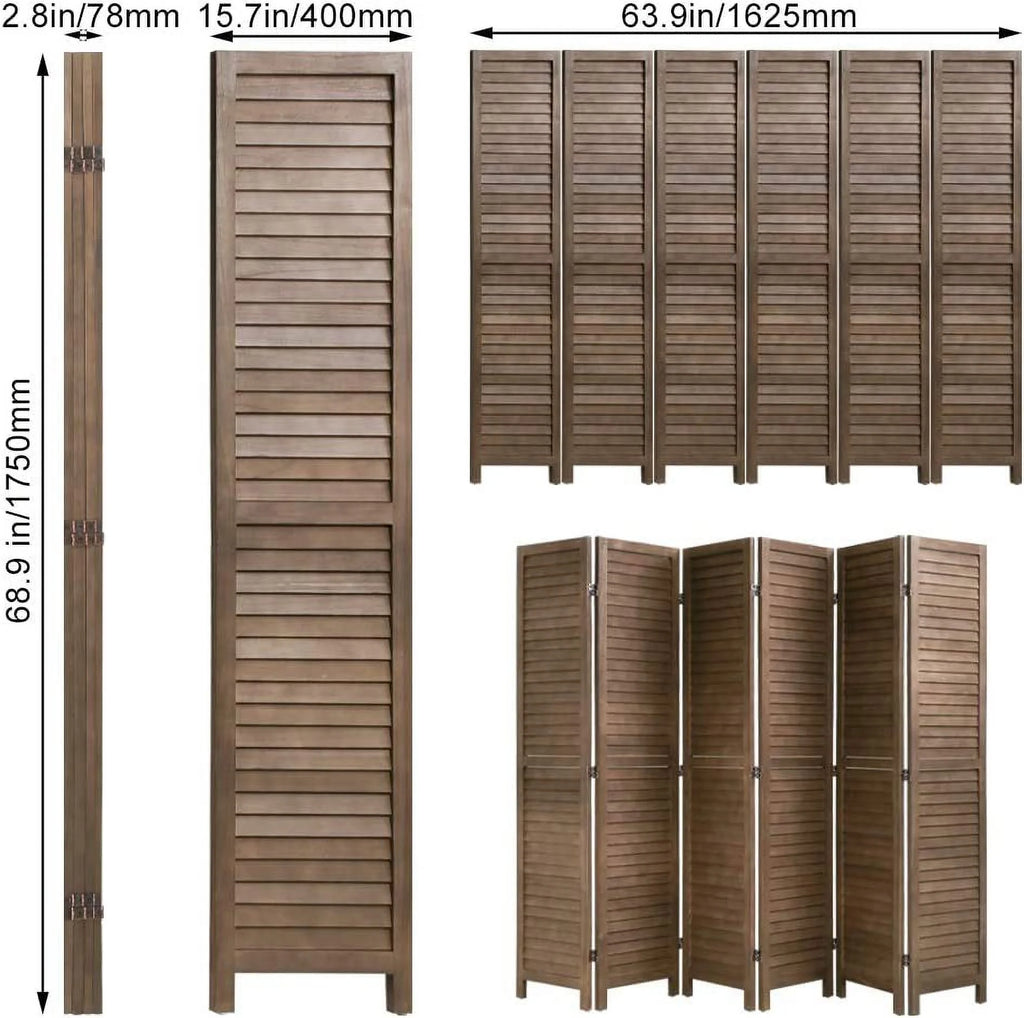 CL.HPAHKL 6 Panel Wood Room Divider, 5.75 Ft Tall Folding Privacy Screen, Brown Q34255